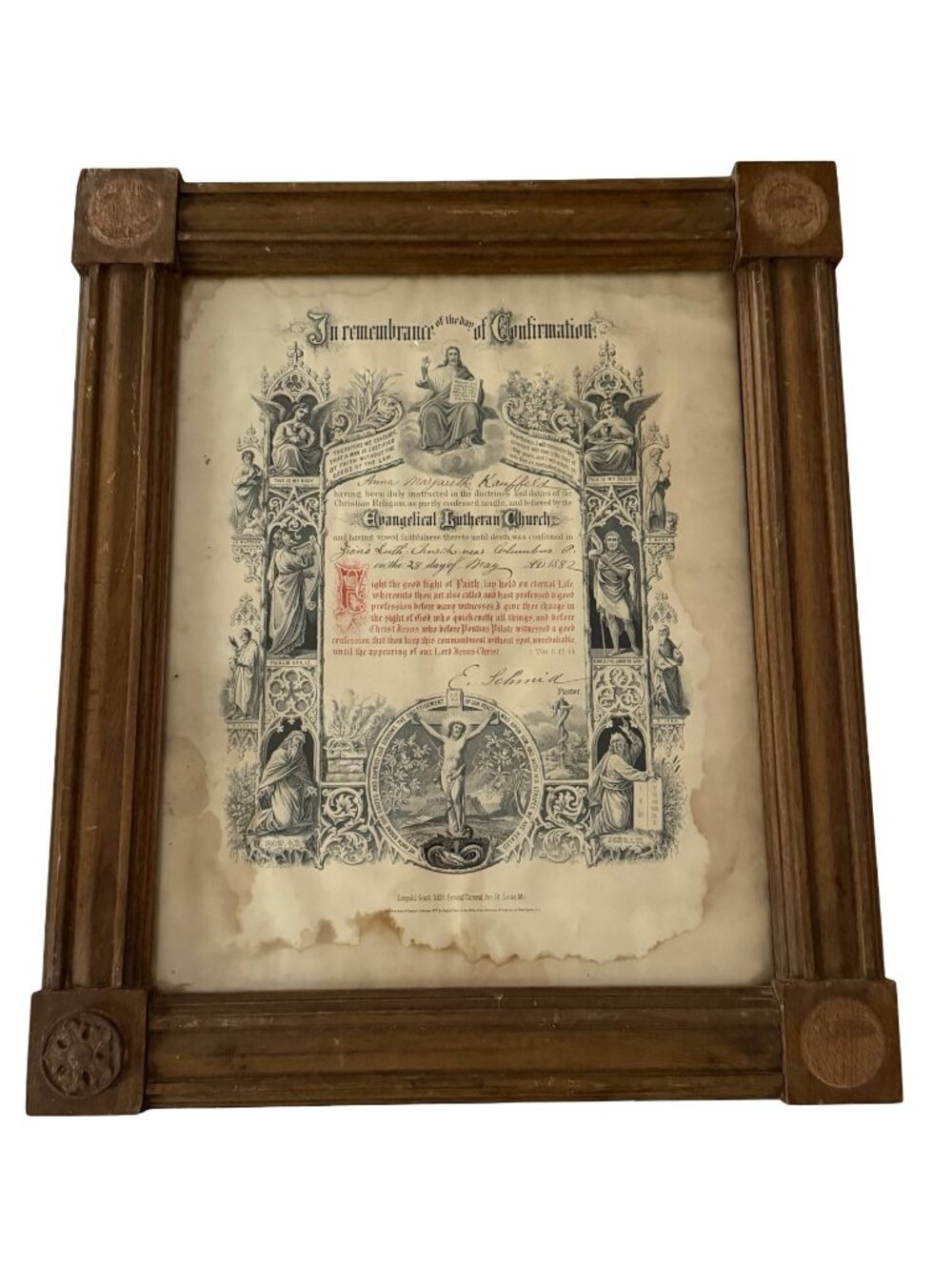 Antique 1882 Evangelical Lutheran Confirmation Certificate Framed Religious Prin